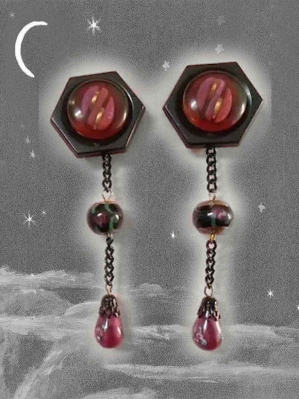 Black Burgundy Long Dangle Earrings Made With Vintage OOAK Whimsigoth